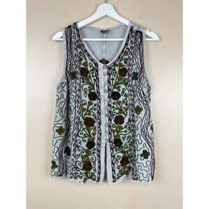 Sacred Threads Top Womens One Size Gray Embroidered Boho Floral Button Up Artsy